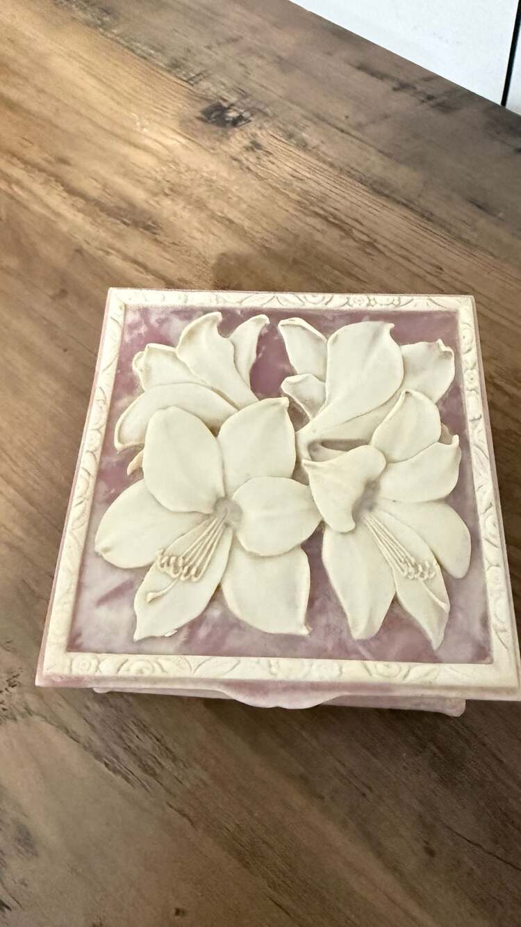 Vintage Incolay Stone Pink Marble Square Jewelry Box with Magnolia Flower Relief